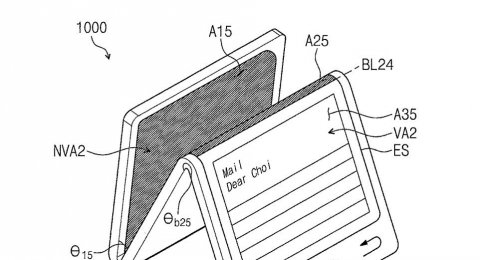 Desain ponsel lipat Samsung seperti yang tertuang dalam dokumen paten di kantor urusan hak paten dan merek dagang Amerika Serikat pada 2 Mei lalu. [US Patent and Trade Mark Office]