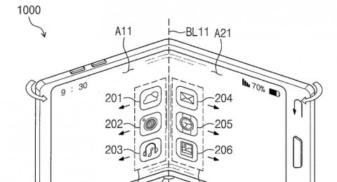 Desain ponsel lipat Samsung seperti yang tertuang dalam dokumen paten di kantor urusan hak paten dan merek dagang Amerika Serikat pada 2 Mei lalu. [US Patent and Trade Mark Office]