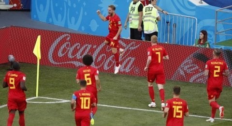 Gelandang Belgia, Dries Mertens, merayakan golnya ke gawang Panama di laga Grup G Piala Dunia 2018 di Sochi, Senin (18/6). [AFP/Odd Anderson]