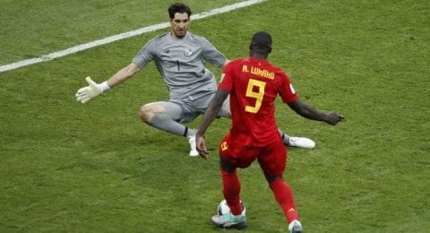 Striker Belgia, Romelu Lukaku, mencetak gol keduanya ke gawang Panama dalam laga Grup G Piala Dunia 2018, Senin (18/6). [AFP/Odd Anderson]