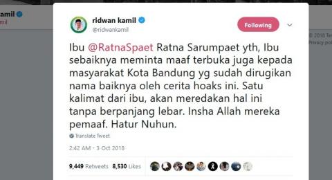 Cuitan Ridwan Kamil, pada Rabu (3/10), mendesak Ratna Sarumpaet meminta maaf kepada warga Bandung terkait hoax penganiayaan. [Twitter/@ridwankamil]