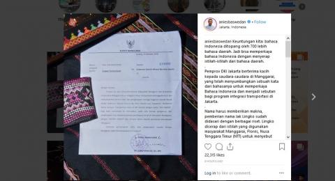 Gubernur DKI Jakarta, Anies Baswedan, mengunggah foto surat apresiasi dari Bupati Manggarai, Deno Kamelus, terkait penggunaan nama Jak Lingko di akun Instagramnya, Rabu (17/10). [Instagram/aniesbaswedan]