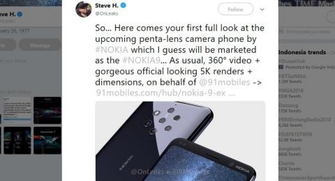 Bocoran tampang Nokia 9 dengan lima kameranya dari pemilik akun Twitter OnLeaks. [Twitter/@OnLeaks]