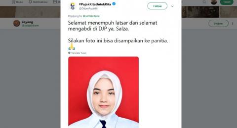 Seorang pengguna Twitter berakun @salzabillarm pada Minggu (27/1) meminta tolong agar fotonya disunting. Foto hasil suntingan ini dikirim oleh akun Twitter resmi Direktorat Jenderal Pajak [DJP). [Twitter/@salzabillarm]