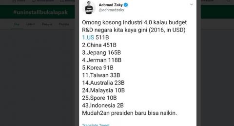 Cuitan CEO Bukalapak, Achmad Zaky, soal anggaran litbang dan presiden baru pada Rabu (13/2). [Twitter/Suara.com]