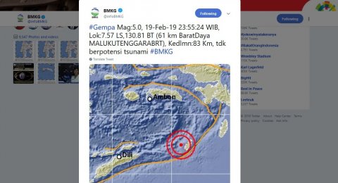 Lokasi gempa berkekuatan 5 SR yang mengguncang Maluku Tenggara Barat pada Selasa malam (19/2). [Twitter/Info BMKG]