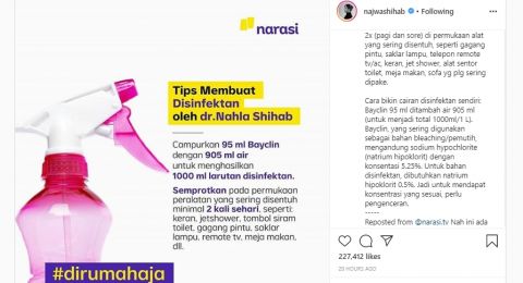 Cara Bikin Disinfektan Pencegah Corona Mudah Di Rumah Ala Adik Najwa Shihab