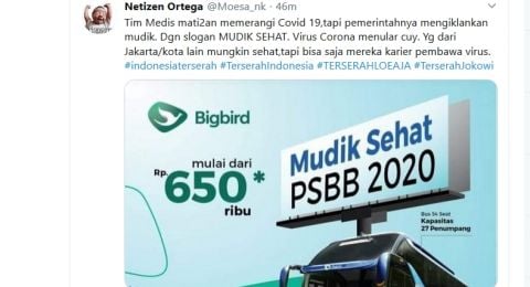 Blue Bird, lewat Bigbird pasarkan Mudik Sehat 2020, di saat pandemi Covid-19 di Indonesia [Twitter: @Moesa_nk].