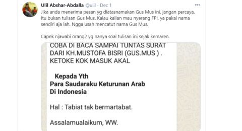 Cuitan Ulil Absar Abdala tentang Gus Mus (Twitter)