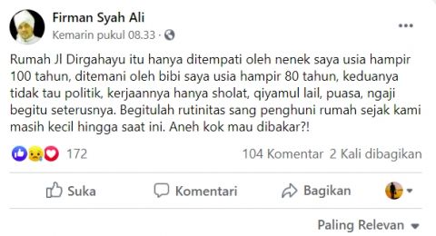 Unggahan status Facebook keponakan Mahfud MD Firman Syah Ali (Facebook)