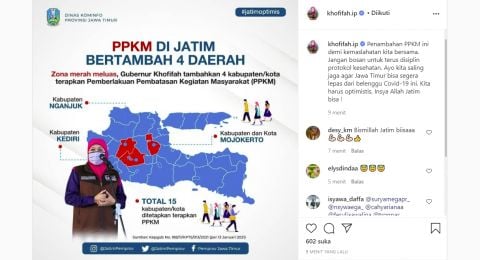 Zona merah meluas, daerah menerapkan PPKM di Jatim diperluas menjadi 15 daerah [Instagram]