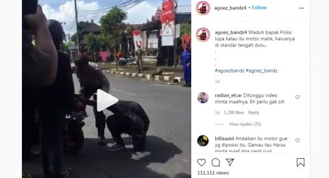 Video seorang polisi menghukum pemotor dengan knalpot brong viral di media sosial [Instagram/@agoez_bandz4]