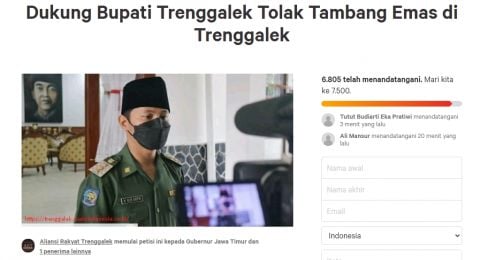 Petisi di Change.org mendukung Bupati Trenggalek menolak izin tambang emas [Change.org]