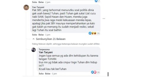 Tangkapan layar Facebook akun seorang warganet komentari unggahan curharan akun SBY [Tangkapan layar Facebook]