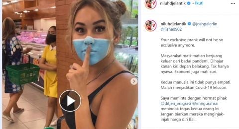 Unggahan Niluh Djelantik komentari aksi WNA tanpa masker (Instagram/Niluhdjelantik)