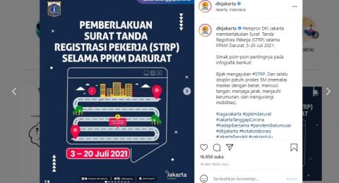 Postingan Surat Tanda Registrasi Pekerja STRP dari Pemprov DKI Jakarta (instagram/dkijakarta)