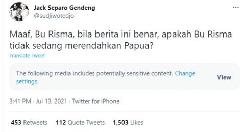 Cuitan Sudjiwo Tedjo di Twitter menyentil Mensos Risma [Foto: tangkapan layar Twitter@sudjiwotedjo]