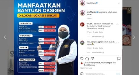 Bantuan oksigen gratis Pemprov Jatim [Foto: Tangkapan layar Instagram @khofifah.ip]