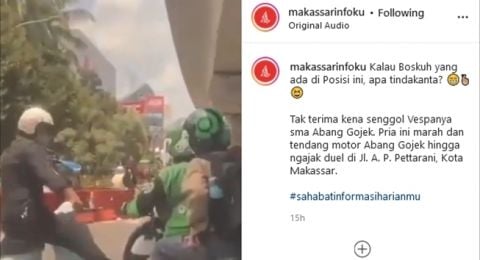 Viral driver ojol dan pengendara vespa ribut di jalan. (Instagram/@makassarinfoku)