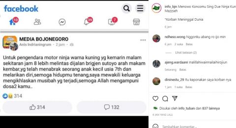 Unggahan info tabrak lari tewaskan bocah Bojonegoro [Tangkapan layar Instagram]