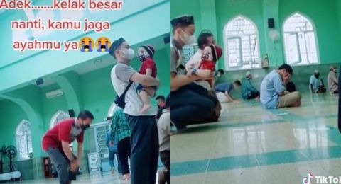 Momen Ayah Gendong Putranya Saat Tunaikan Ibadah Salat di Masjid Mendadak Viral