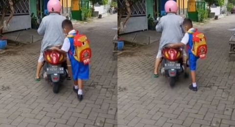 Tepuk Jok Sepeda Motor Sebelum Naik, Bocah Ini Ditinggal Emak ke Sekolah