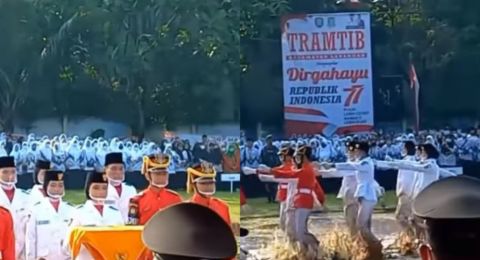 Meski Baju Kotor Penuh Lumpur, Paskibraka Ini Tetap Semangat Jalankan Upacara Bendera di Lapangan Becek