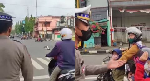 Polisi Bagikan Coklat untuk Bocah yang Taat Pakai Helm, Netizen Malah Salfok ke Anak Sebelahnya: Sad
