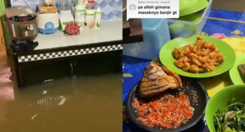Tetap Slay Meski Banjir, Wanita Ini Bagikan Momen Masak di Tengah Kepungan Air