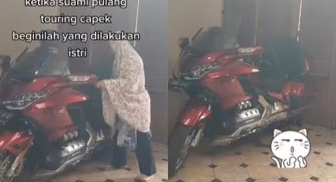 Emak Enggak Ada Lawan, Parkir Sendiri Moge Suami Tanpa Alas Kaki, Cek Videonya