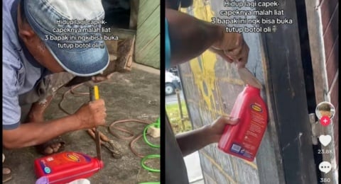 Cara Kocak Bapak-bapak Ini Buka Tutup Oli Bikin Ngakak, Warganet: Aneh Pabriknya