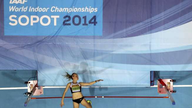 Brianne Theisen, atlet atletik cabang lompat tinggi di Kejuaraan Aletik Dunia di Ergo Arena, Sopot, Polandia, Jumat (7/3/2014) (Reuters/ Kai Pfaffenbach).