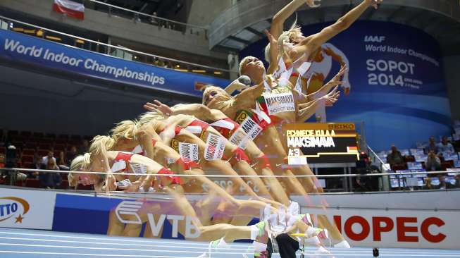 Atlet tolak peluru Belarusia, Yana Maksimava di Kejuaraan Atletik Dunia di ERGO Arena, Sopot, Polandia, Jumat (7/3/2014). (Reuters/ Kai Pfaffenbach)