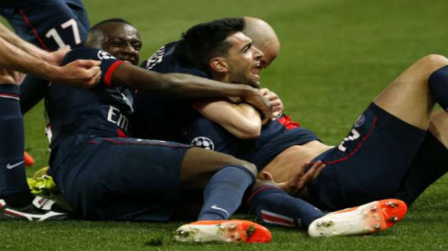 Pemain PSG rayakan gol Javier Pastore[Reuters/Benoit Tessier]