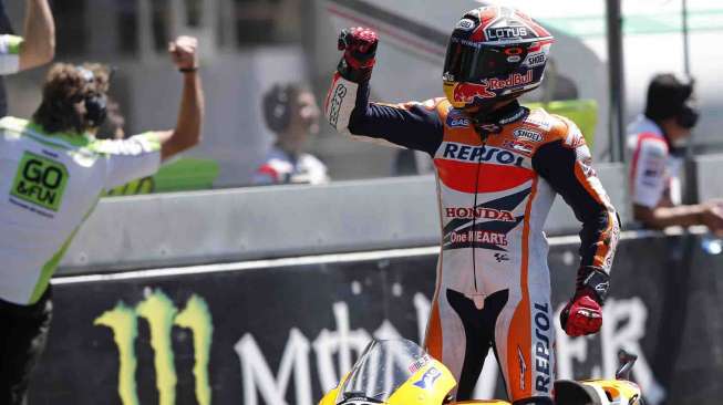 Pebalap MotoGP Marc Marquez  di sirkuit Bugatti, Le Mans, Prancis (18/5). [Reuters/Stephane Mahe]