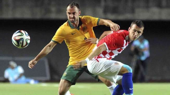 Pertandingan uji coba antara Kroasia dan Australia di ajang Piala Dunia, di Salvador , Sabtu (7/6). [Reuters/Angelo Pontes] 