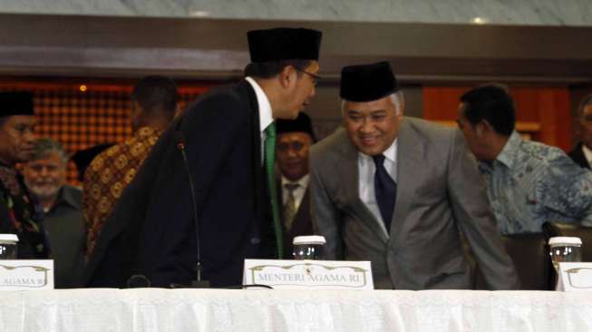 Dalam jumpa pers usai Sidang Isbat di gedung Kementerian Agama di Jakarta, Jumat (27/6/2014), pemerintah menetapkan 1 Ramadan 1435 H jatuh pada hari Minggu (29/6). [Suara.com/Adrian Mahakam]