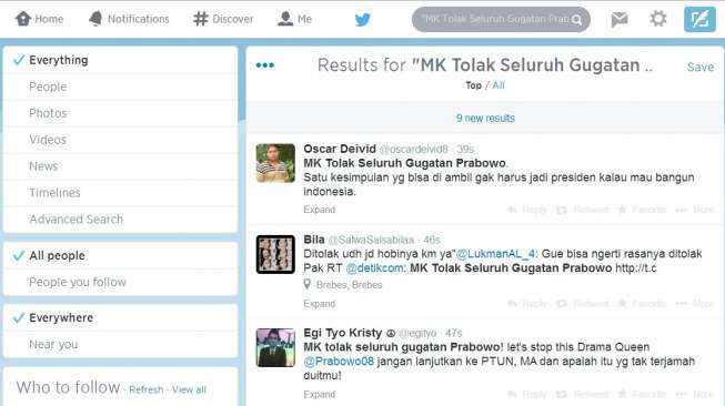 Topik "MK Tolak Seluruh Gugatan Prabowo" Rajai Twitter