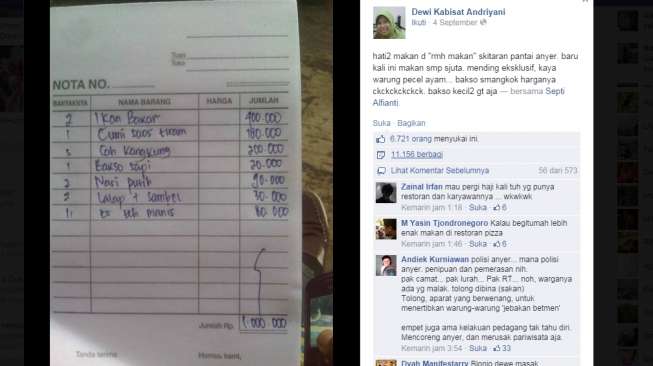 Menu 'Makan Mahal' di Anyer Terus Menuai Komentar