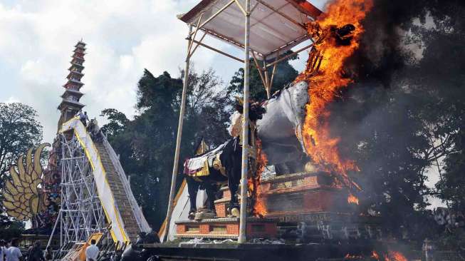 Wisatawan dan warga menyaksikan kremasi jenazah tokoh masyarakat Ubud, alm. Tjokorda Raka Sukawati dalam upacara Ngaben di Ubud, Bali, Selasa (9/12).