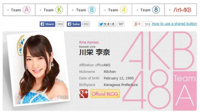 Profil Rina Kawaei, anggota AKB48 di website resmi grup band asal Jepang itu (AKB48 Official Website).