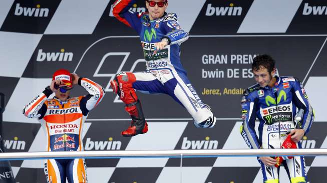 Pebalap Yamaha Jorge Lorenzo menjadi juara pada MotoGP Spanyol di Sirkuit Jerez, Minggu (3/5).