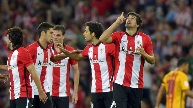 Pemain Athletic Bilbao rayakan gol ke gawang Barcelona di ajang Piala Super Spanyol (15/8) [Reuters/Vincent West]