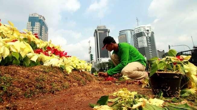 Sejumlah petugas Dinas Pertamanan dan Pemakaman Kota Jakarta Pusat  melakukan perbaikan taman di kawasan silang monas, Jakarta Pusat, Selasa (18/8). [Suara.com/Oke Atmaja]