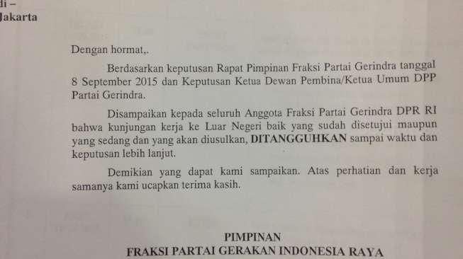 Surat Gerindra Soal Kunker Anggota DPR ke Luar Negeri Beredar