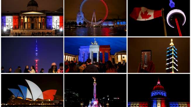 Kombinasi foto sejumlah landmark (bangunan terkenal) kota-kota di dunia dengan nuansa bendera Prancis, Sabtu (14/11/2015), pasca-serangan bom dan penembakan di Paris pada Jumat (13/11) malam. [Reuters]