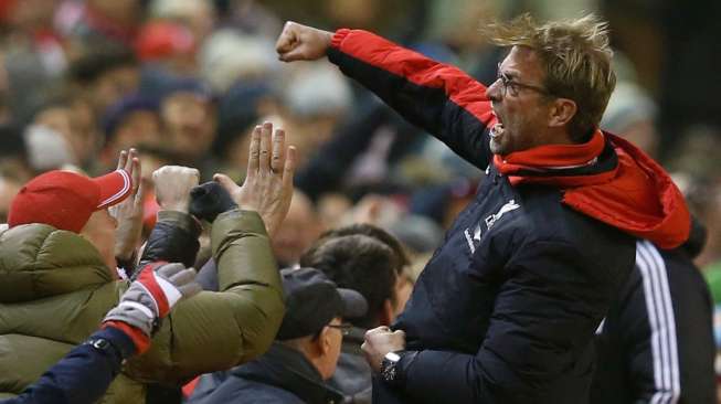 Manajer Liverpool Juergen Klopp merayakan gol yang dicetak oleh Divock Origi. Reuters / Phil Noble Livepic