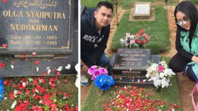 Raffi Ahmad dan Nagita saat berziarah ke makam Olga Syahputra. [Instagram]