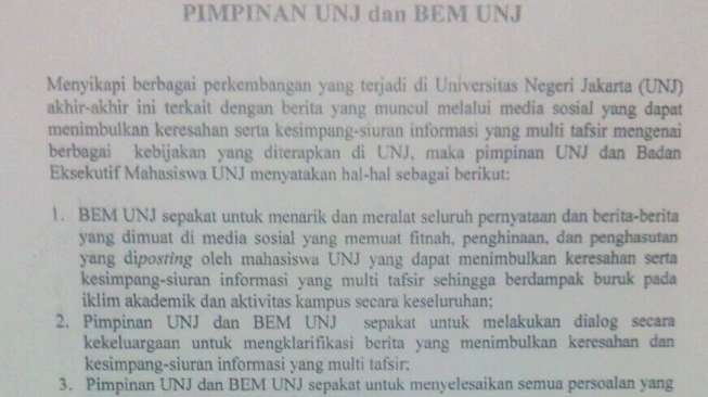 Ini Isi Perdamaian BEM dan Rektorat UNJ