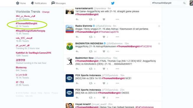 Laga Final Tim Thomas Indonesia Masuk "Trending Topics" Dunia